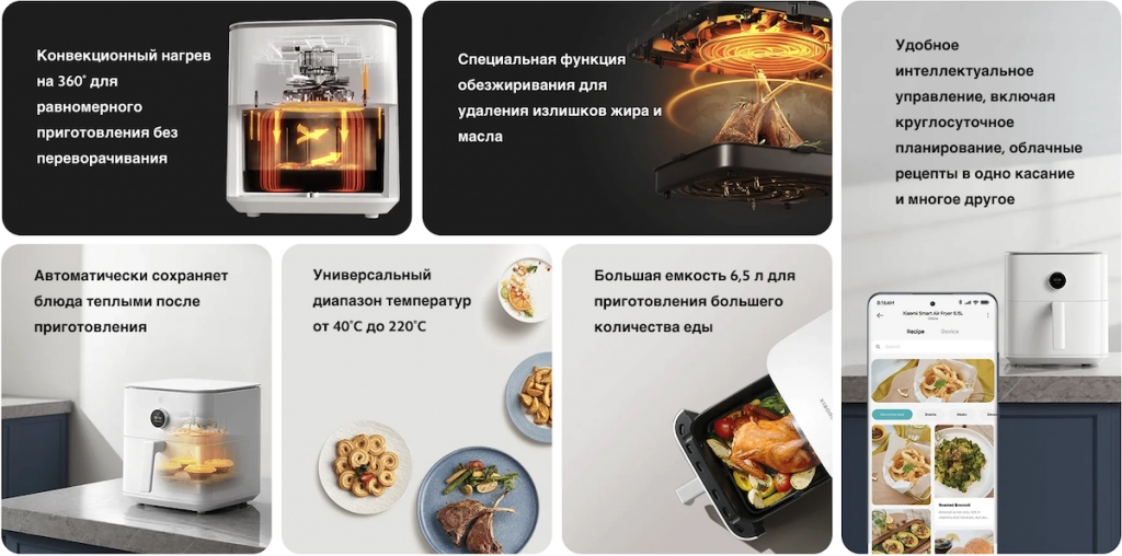 Аэрогриль Xiaomi Smart Air Fryer 6.5L (MAF10) – функция высокотемпературного обжаривания