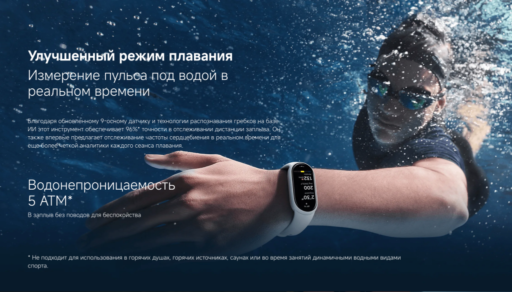 Фитнес-браслет Xiaomi Smart Band 10 (M2459B1) – измерение пульса под водой в режиме реального времени