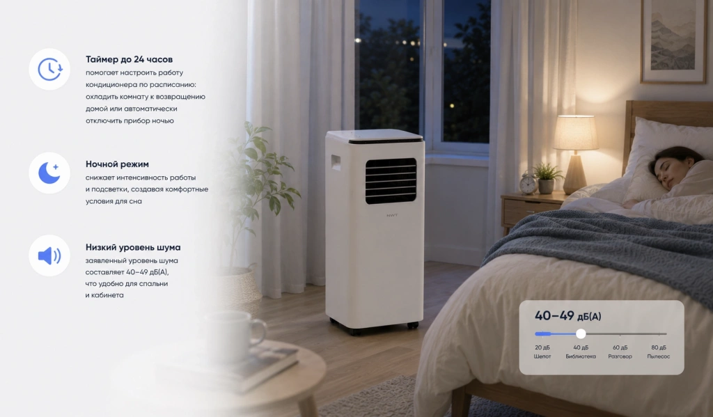 Ночной режим и таймер мобильного кондиционера Xiaomi NWT Smart Mobile Air Conditioner