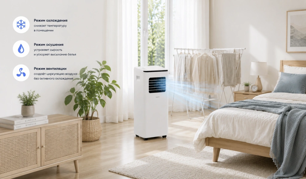 Режимы охлаждения, вентиляции и осушения Xiaomi NWT Smart Mobile Air Conditioner