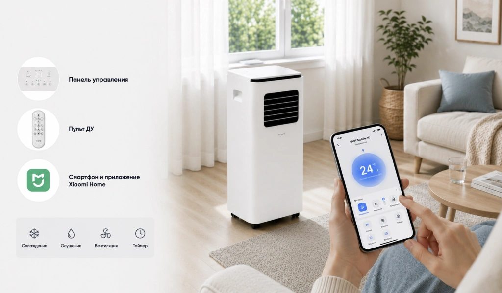 Управление Xiaomi NWT Smart Mobile Air Conditioner через панель, пульт и приложение Xiaomi Home