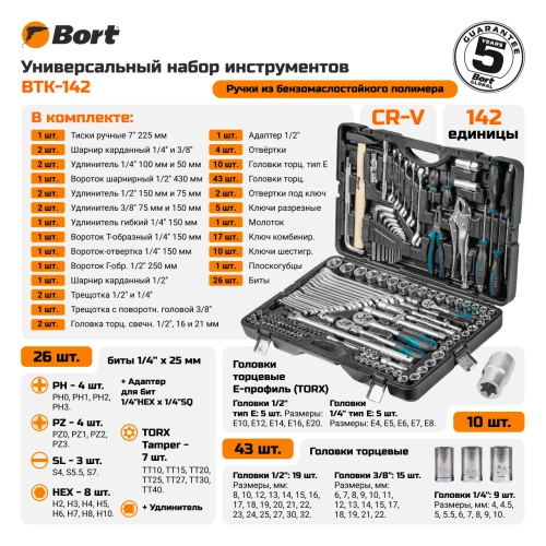 Универсальный набор инструментов Bort BTK-142 (142 предмета) (93418439) — фото, купить в Минске с доставкой по Беларуси — 360shop.by
