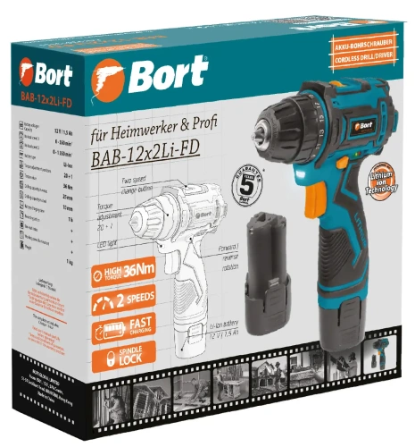 Дрель-шуруповерт аккумуляторная Bort BAB-12x2Li-FD (с 2-мя АКБ) (93413151) — фото, купить в Минске с доставкой по Беларуси — 360shop.by